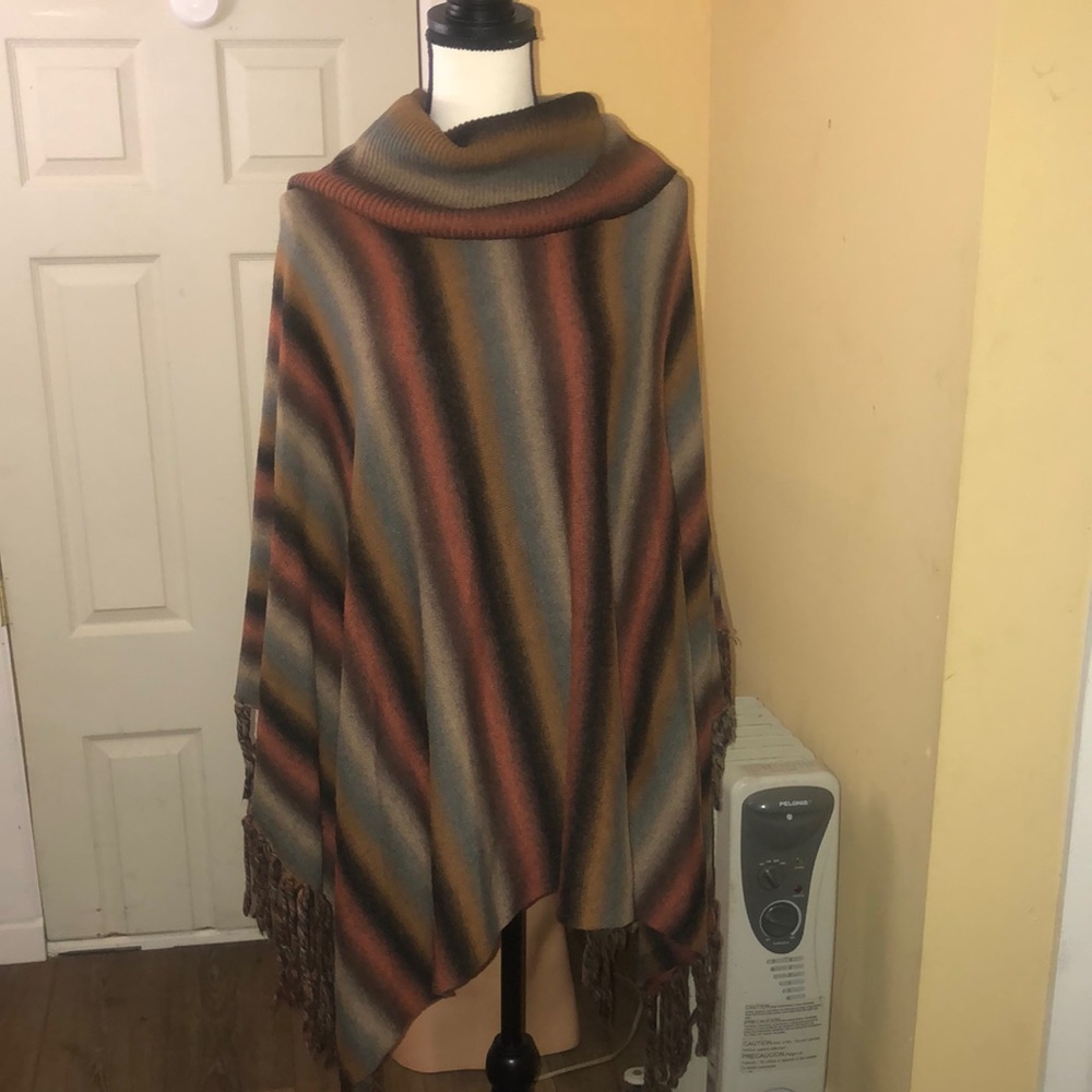 Women’s Poncho Sweater Cowl Neck Stripe Multicolor Fringe Sz L Tempo Paris